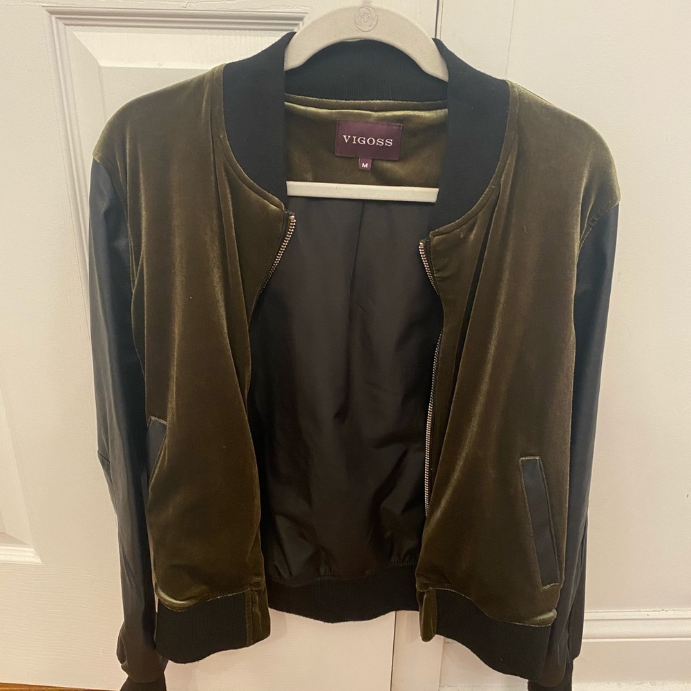 Velour and leather bomber jacket